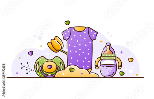 Vector illustration with baby accessories. Purple textile clothes for a newborn with a print of white polka dots, nipple and milk bottle. Birth of a boy or girl child. Linear style