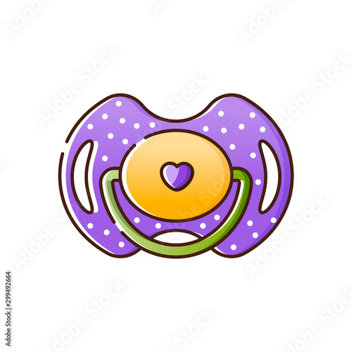 Purple pacifier dummy for a newborn with a print with white polka dots and a heart. Vector isolated object on a white background. Birth of a baby boy or girl