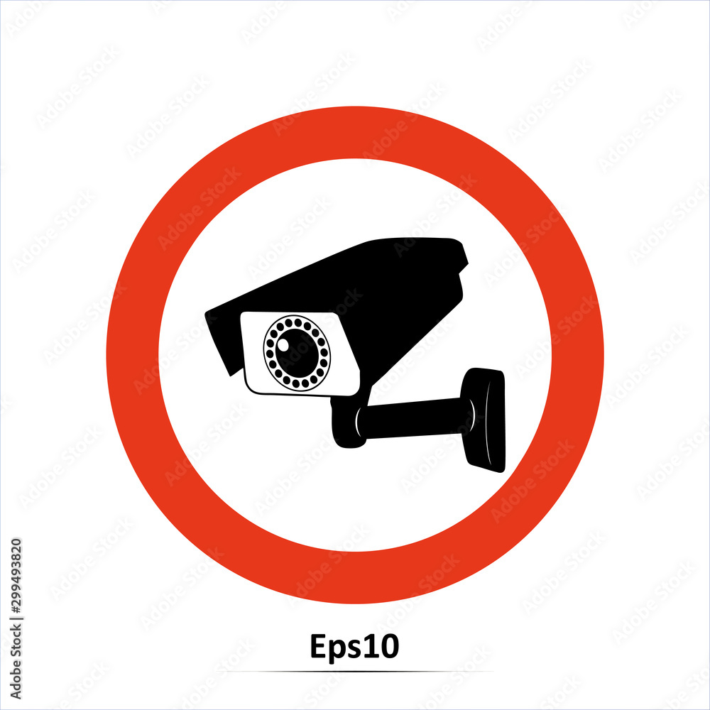 Security camera icon. Vector Illustration. Red prohibition sign. Stop