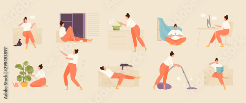 Girl character spends time at home. Home life and leisure set. Vector flat illustration photo
