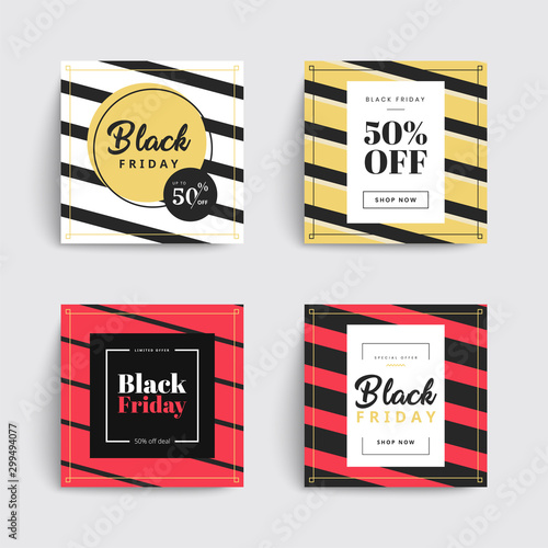 Set of black friday sale social media box templates. Stripes covers design for your Facebook, Instagram or Twitter. Trendy colorful bubble shapes composition. Vector backgrounds. Applicable for banner