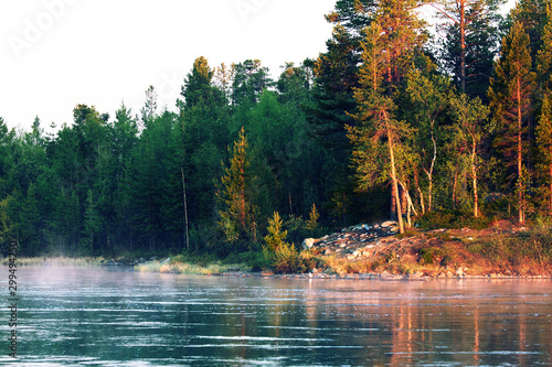 Autumn with yellow forest and misty Northern river photo