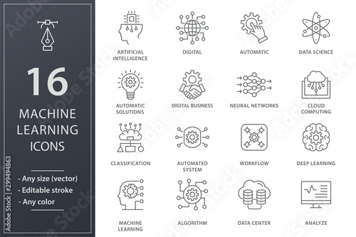Machine learning line icons set. Black vector illustration. Editable stroke.