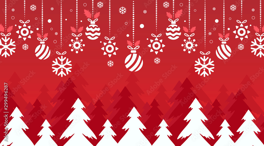 Christmas red festive background with Christmas tree and hanging balls.