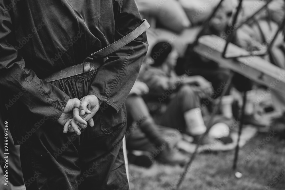 Fototapeta premium Soldier with interlaced fingers