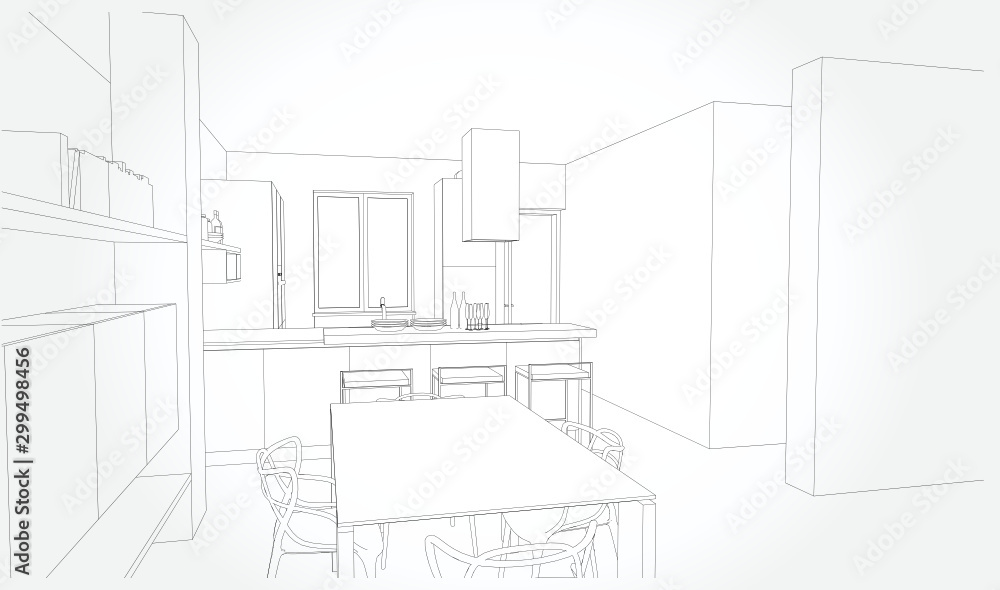 Linear sketch of an interior. Sketch Line room . Vector illustration.outline sketch drawing perspective of a interior space Linear sketch of an interior. Sketch Line room . Vector illustration.outline sketch drawing perspective of a interior space