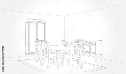 Linear sketch of an interior. Sketch Line room . Vector illustration.outline sketch drawing perspective of a interior space