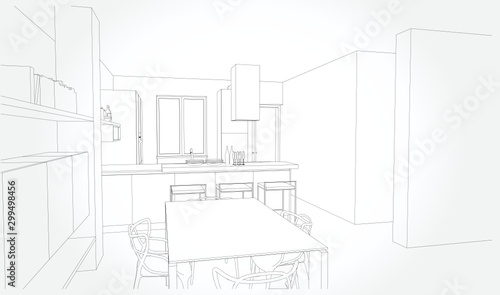 Linear sketch of an interior. Sketch Line  room . Vector illustration.outline sketch drawing perspective of a interior space