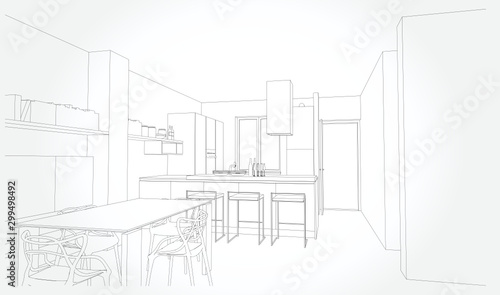 Linear sketch of an interior. Sketch Line  room . Vector illustration.outline sketch drawing perspective of a interior space