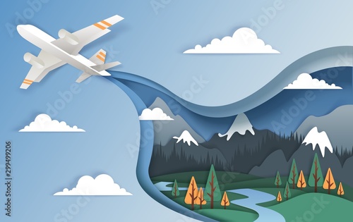 Flying airplane, vector illustration in paper art style