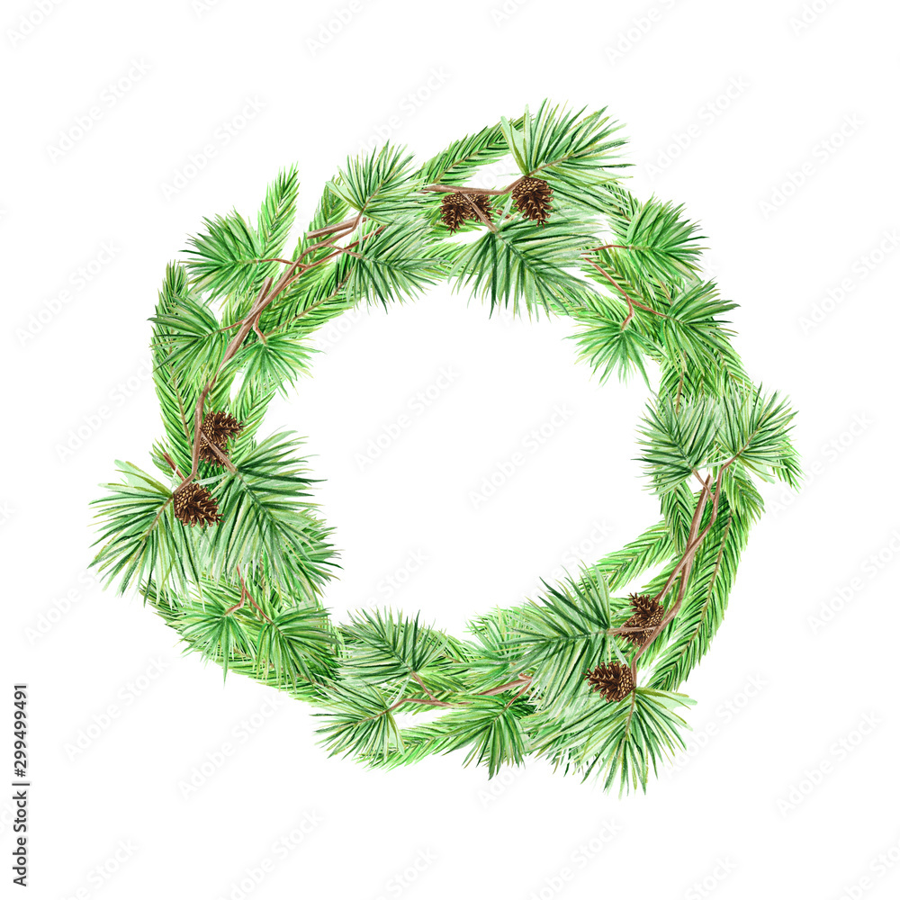 Christmas Greeting card, poster, banner concept. Round Frame of pine branches and cones on white background, New Year hand drawn watercolor illustration with copy space for text Christmas Greeting card, poster, banner concept. Round Frame of pine branches and cones on white background, New Year hand drawn watercolor illustration with copy space for text