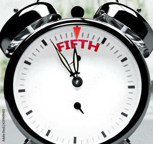 Fifth soon, almost there, in short time - a clock symbolizes a reminder that Fifth is near, will happen and finish quickly in a little while, 3d illustration