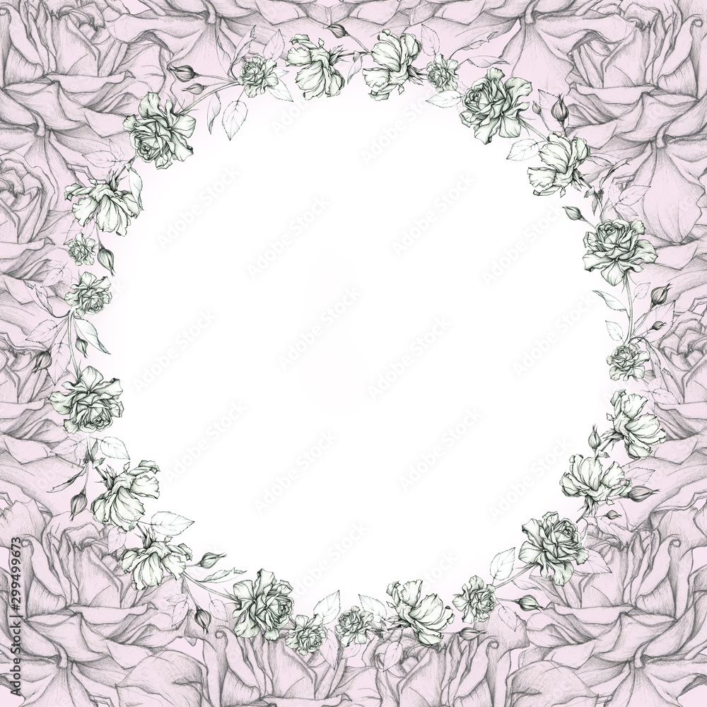 Round elegant frame of roses. Hand drawing with a pencil. Mock up. Round elegant frame of roses. Hand drawing with a pencil. Mock up.