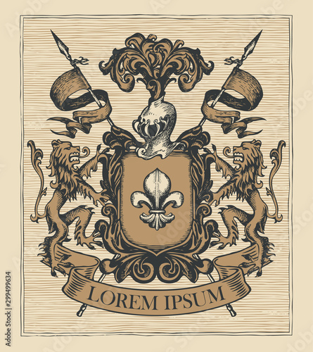 Vector heraldic Coat of arms in vintage style with shield, knightly armor, spears, helmet, lions, ribbon and fleur de lis. A medieval heraldry, emblem, sign, symbol. Old hand-drawn illustration.