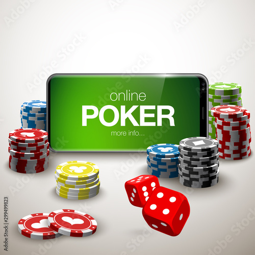 illustration Online Poker casino banner with a mobile phone, chips, playing cards and dice. Marketing Luxury Banner Jackpot Online Casino with New model Smartphone. Empty advertising poster.