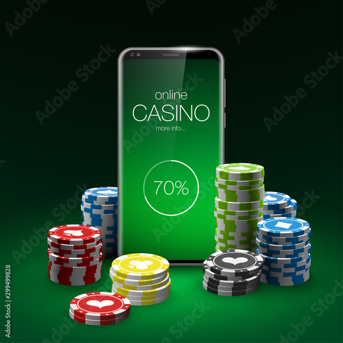 illustration Online Poker casino banner with a mobile phone, chips, playing cards and dice. Marketing Luxury Banner Jackpot Online Casino with New model Smartphone. Empty advertising poster.