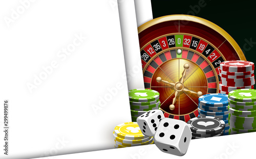 illustration Online Poker casino banner with american roulette on green surface table. Marketing Luxury Banner Jackpot Online Casino with classic roulette. Advertising poster with red ribbon for text.