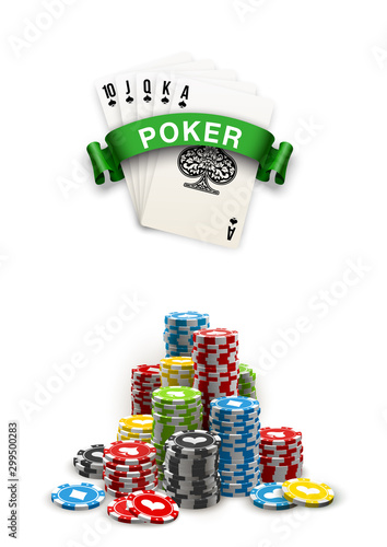 Stack of colored casino chips with playing cards isolated on a white background. Big win jackpot poker in Online web casino illustration. Realistic luxury fortune banner with playing cards games bet
