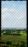 Window, old castle, trellis, view from the window, landscape from the window