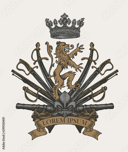 Vector heraldic Coat of arms in vintage style with lion, crown, sabers, swords, cannons and ribbon. A medieval heraldry, royal emblem, sign, symbol. Old hand-drawn image.