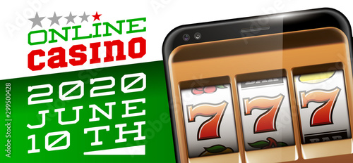 Illustration banner of mobile online casino application with 777 big win slot machine. Realistic advertising poster with online mobile app casino and Jackpot 777. Play now in One Armed Bandit banner
