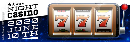 Illustration banner of mobile online casino application with 777 big win slot machine. Realistic advertising poster with online mobile app casino and Jackpot 777. Play now in One Armed Bandit banner