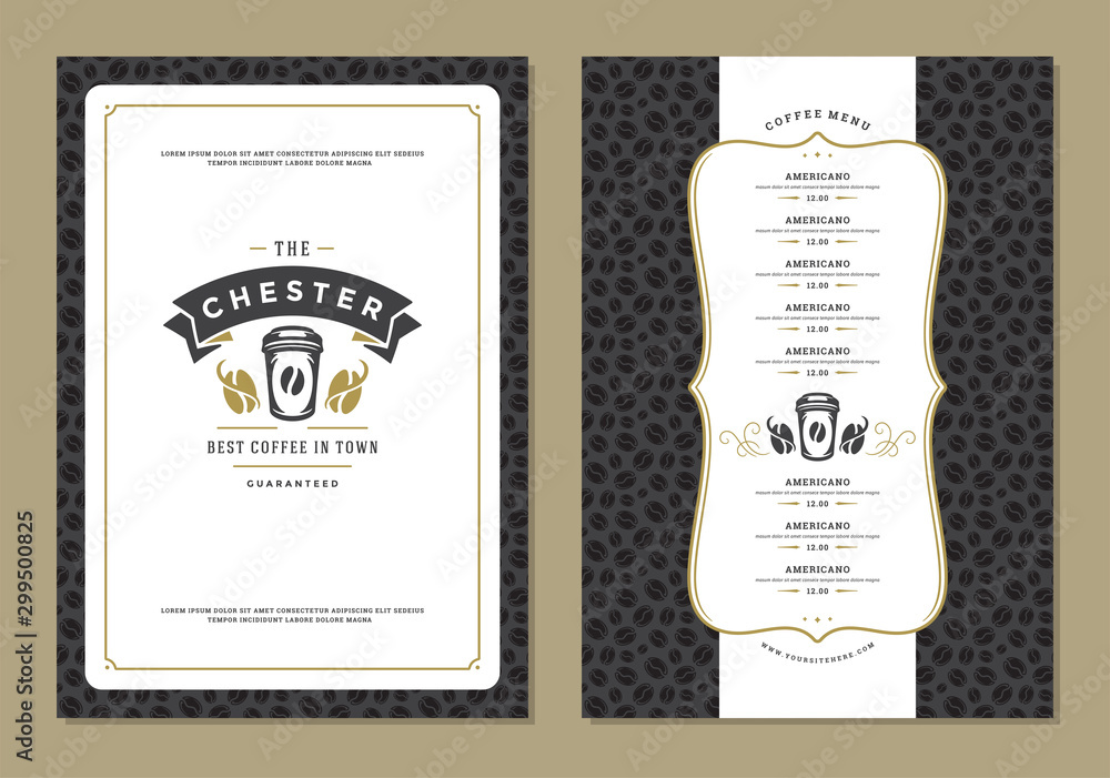 Coffee menu design template flyer for bar or cafe with offee shop logo cup symbol vector Illustration.