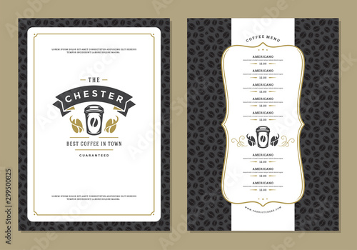 Coffee menu design template flyer for bar or cafe with offee shop logo cup symbol vector Illustration.