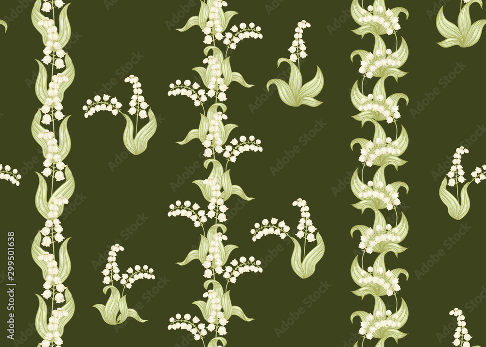 Lily of the valley, may-lily Seamless pattern, background. Vector illustration. In art nouveau style, vintage, old, retro style. on army green background.. Lily of the valley, may-lily Seamless pattern, background. Vector illustration. In art nouveau style, vintage, old, retro style. on army green background..