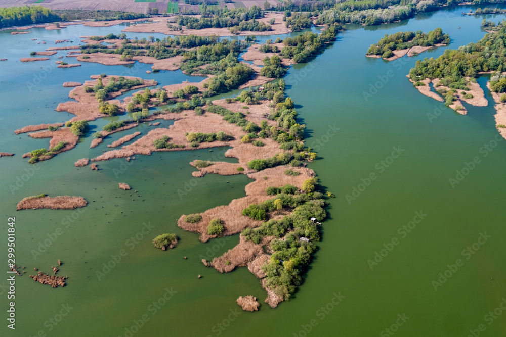 The aerial view of the Drava River in spring