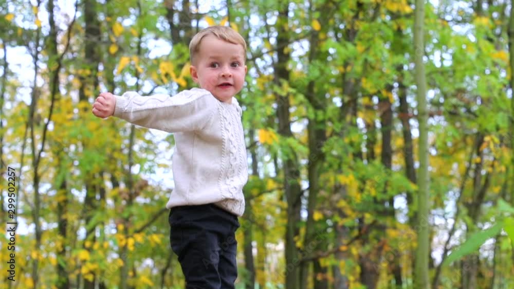 boy stands on his feet in the autumn forest boy stands on his feet in the autumn forest