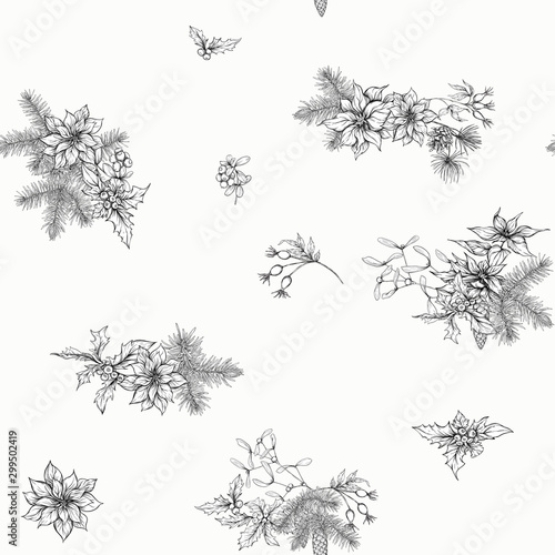 Christmas wreath of spruce, pine and poinsettia. Seamless pattern, background. Graphic drawing, engraving style vector illustration