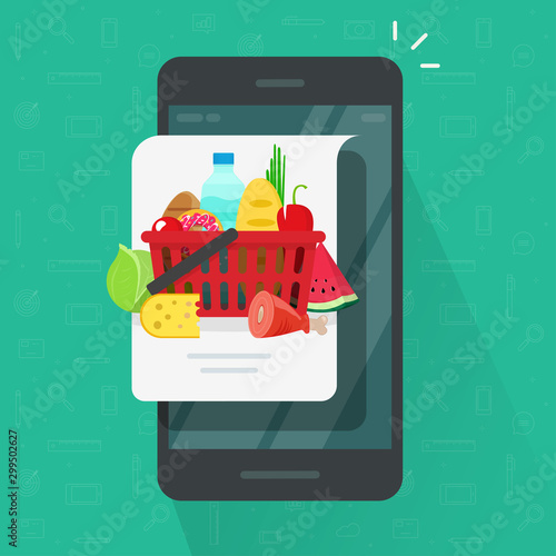 Internet food delivery or order via mobile phone vector illustration, flat cartoon cellphone and food products on message screen, concept of web menu and recipe online modern isolated design