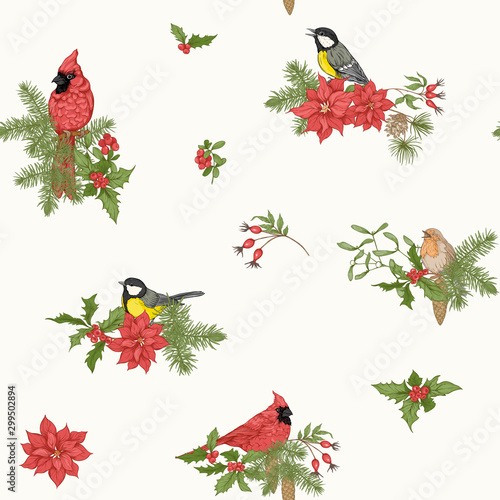 Christmas wreath of spruce, pine and poinsettia. Seamless pattern, background. Graphic drawing, engraving style vector illustration