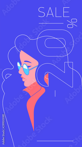 Vector fashion portrait of a model girl. Retro trendy coral color stories template. Sale Banner 20 percent Off (ID: 299503081)