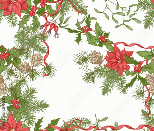 Christmas wreath of spruce, pine and poinsettia. Seamless pattern, background. Graphic drawing, engraving style vector illustration