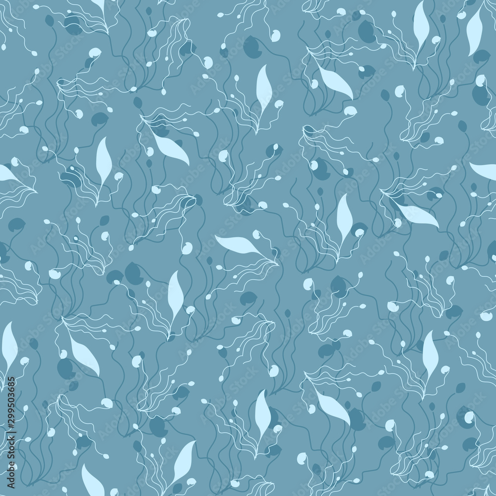 Seamless abstract pattern of silhouettes and lines on a blue background. Delicate textile ornament for fabric, wallpaper and paper. Seamless abstract pattern of silhouettes and lines on a blue background. Delicate textile ornament for fabric, wallpaper and paper.