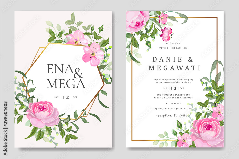Set wedding invitation template card design vector flowers leaves
