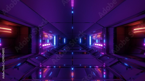 Fototapeta Naklejka Na Ścianę i Meble -  futuristic scifi technic space hangar tunnel corridor with glowing lights 3d illustration wallpaper background design