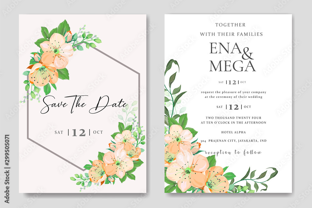 Fototapeta Set wedding invitation template card design vector flowers leaves
