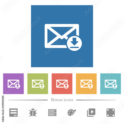 Receive mail flat white icons in square backgrounds