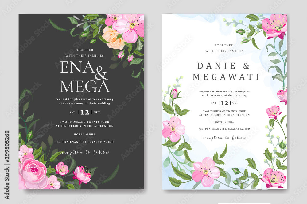 Set wedding invitation template card design vector flowers leaves