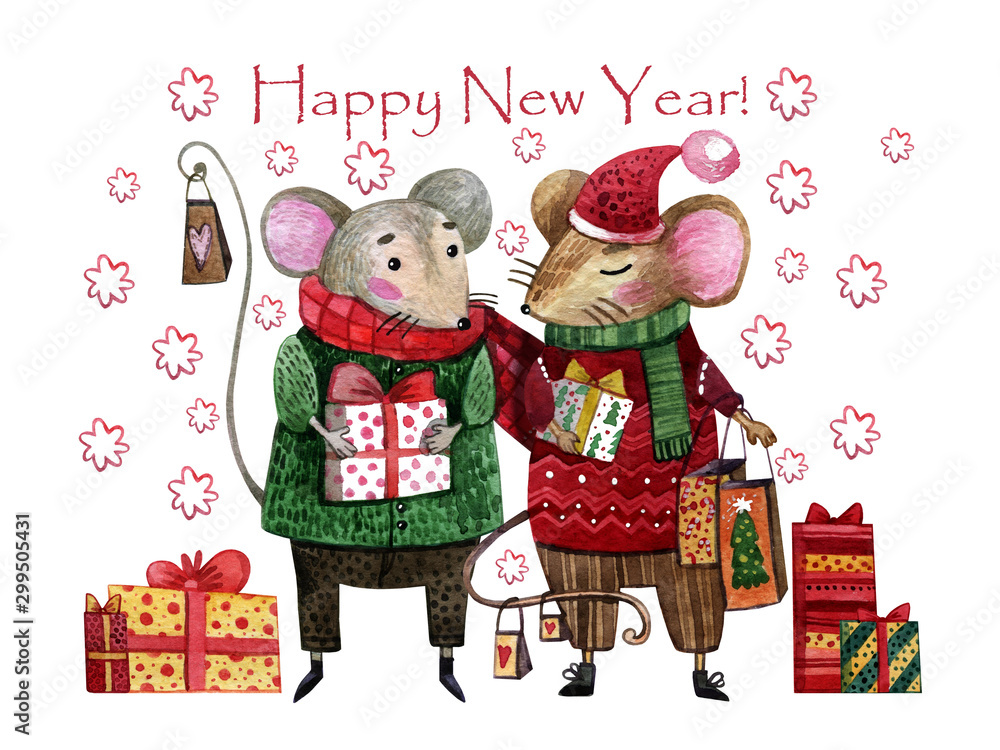Obraz premium Watercolor Christmas card with a pair of LGBT mice in love. Hand-drawn mouse boys in green and red sweaters and scarves with gifts in their hands and in the background.