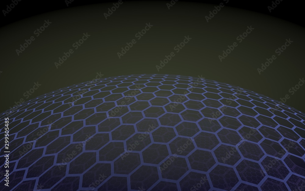 Fototapeta premium Multilayer sphere of honeycombs, blue on a black background, social network, computer network, technology, global network. 3D illustration