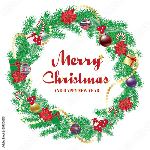 Merry Christmas typographical in Wreath  Pine Branches Decorated with Red Berries  balls gift and Candy Canes.