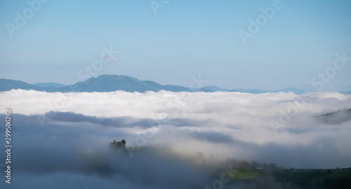 Foggy mountain landscape in Pa Bong Piang village in Mae Cham, Chiangmai, Thailand.