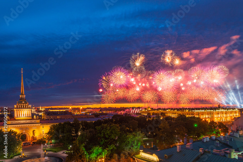 Fireworks in the city, white nights in Saint Petersburg, fireworks on Scarlet Sails