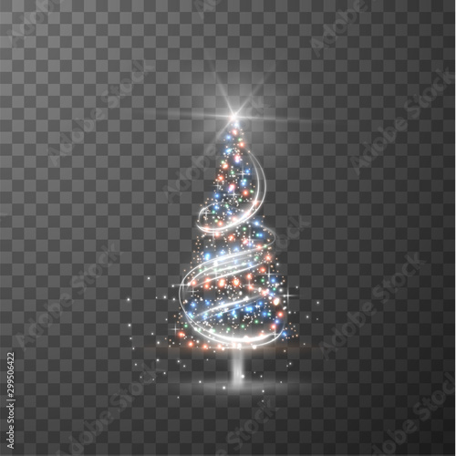 Merry Christmas transparent shiny tree silhouette on checkered background