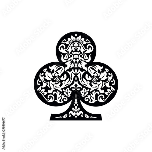 Poker playing card suit clover design shape single icon. Clubs suit deck of playing cards used for ace in Las Vegas royal casino. Single icon pattern isolated on white. Ornament drawing pic for tattoo