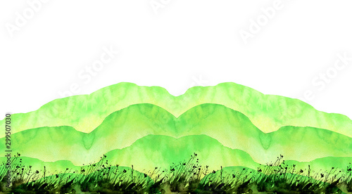 Watercolor green hill, hillock, grass. Summer landscape on white isolated background. Summer countryside landscape. Wild grass, wildflowers watercolor. Place for your text.